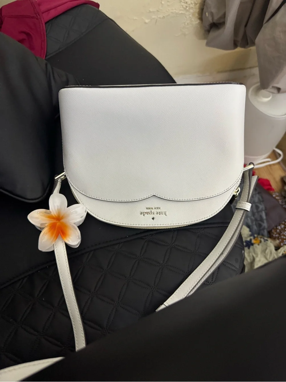 kate spade White Leather Crossbody with Floral Charm